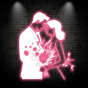 Pink Art LED Neon signs Lights | Bride and Groom Holding Flowers Happy Hugs Decoration Lights | Suitable for Wedding and Home Decoration