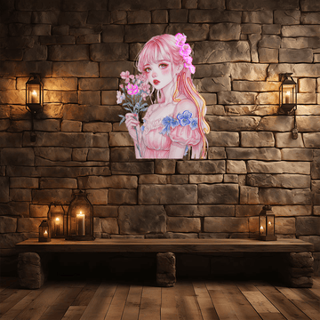Pretty Girl Anime Neon signs lights | Redhead pink skirt cute character | LED decorative lights with small red and pink bouquets